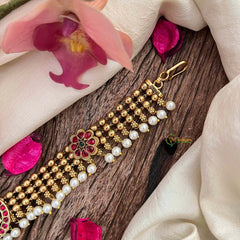 Vriksham Floral Red Green Stone Studded 3 Layer Gold Bead Chain Sheeshphool-Pearls-G21385