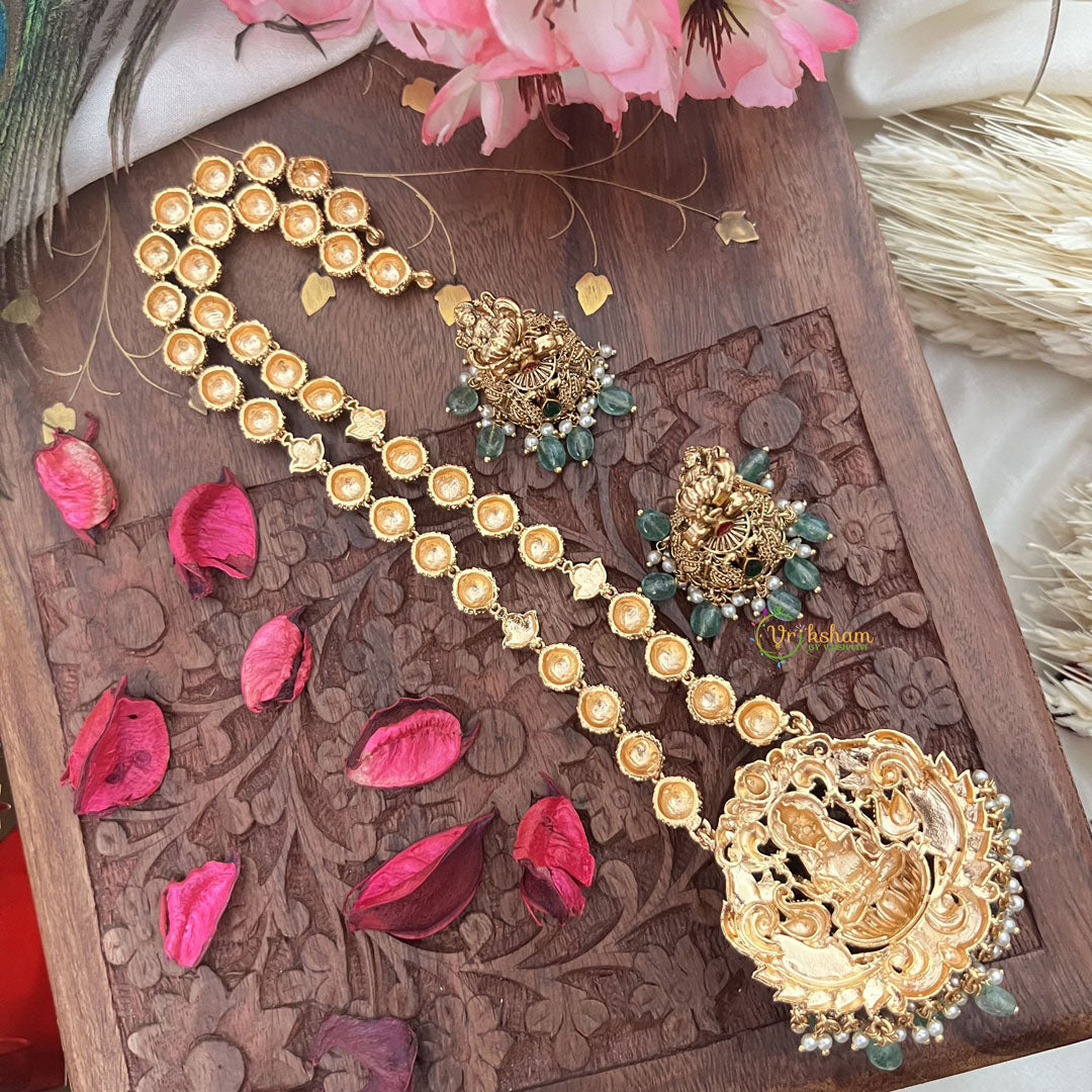Vriksham Gold Look Alike Lakshmi Pendant Long Neckpiece-Red Green-Aqua Green Bead-G18037