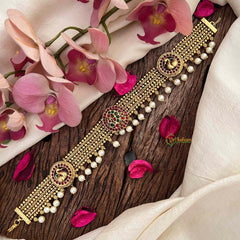 Vriksham Ethnic Matte Gold Peacock Round 4 Layer Gold Chain Sheeshphool-Red Green-Pearls-G21384