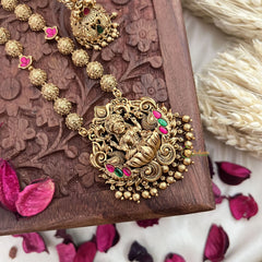 Vriksham Gold Look Alike Lakshmi Pendant Long Neckpiece-Red Green-Gold Bead-G18040