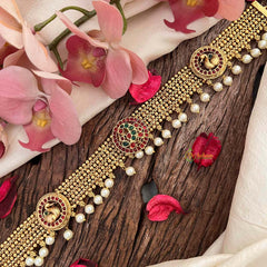 Vriksham Ethnic Matte Gold Peacock Round 4 Layer Gold Chain Sheeshphool-Red Green-Pearls-G21384