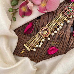 Vriksham Ethnic Matte Gold Peacock Round 4 Layer Gold Chain Sheeshphool-Red Green-Pearls-G21384