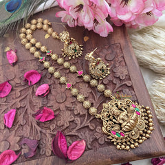 Vriksham Gold Look Alike Lakshmi Pendant Long Neckpiece-Red Green-Gold Bead-G18040