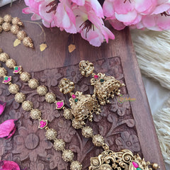 Vriksham Gold Look Alike Lakshmi Pendant Long Neckpiece-Red Green-Gold Bead-G18040