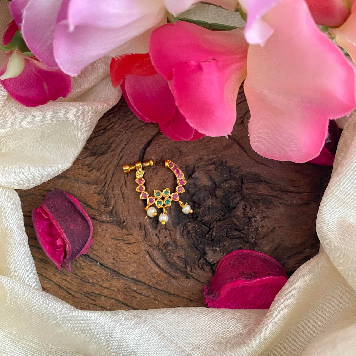 Red Green AD Stone Nath / Nose pin-Pearl-G13798