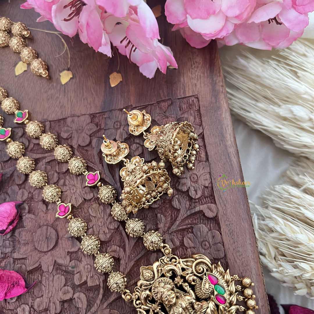 Vriksham Gold Look Alike Lakshmi Pendant Long Neckpiece-Red Green-Gold Bead-G18040
