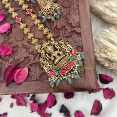 Vriksham Gold Look Alike Lakshmi Pendant Long Neckpiece-Red Green-Pastel Green Bead-G18044