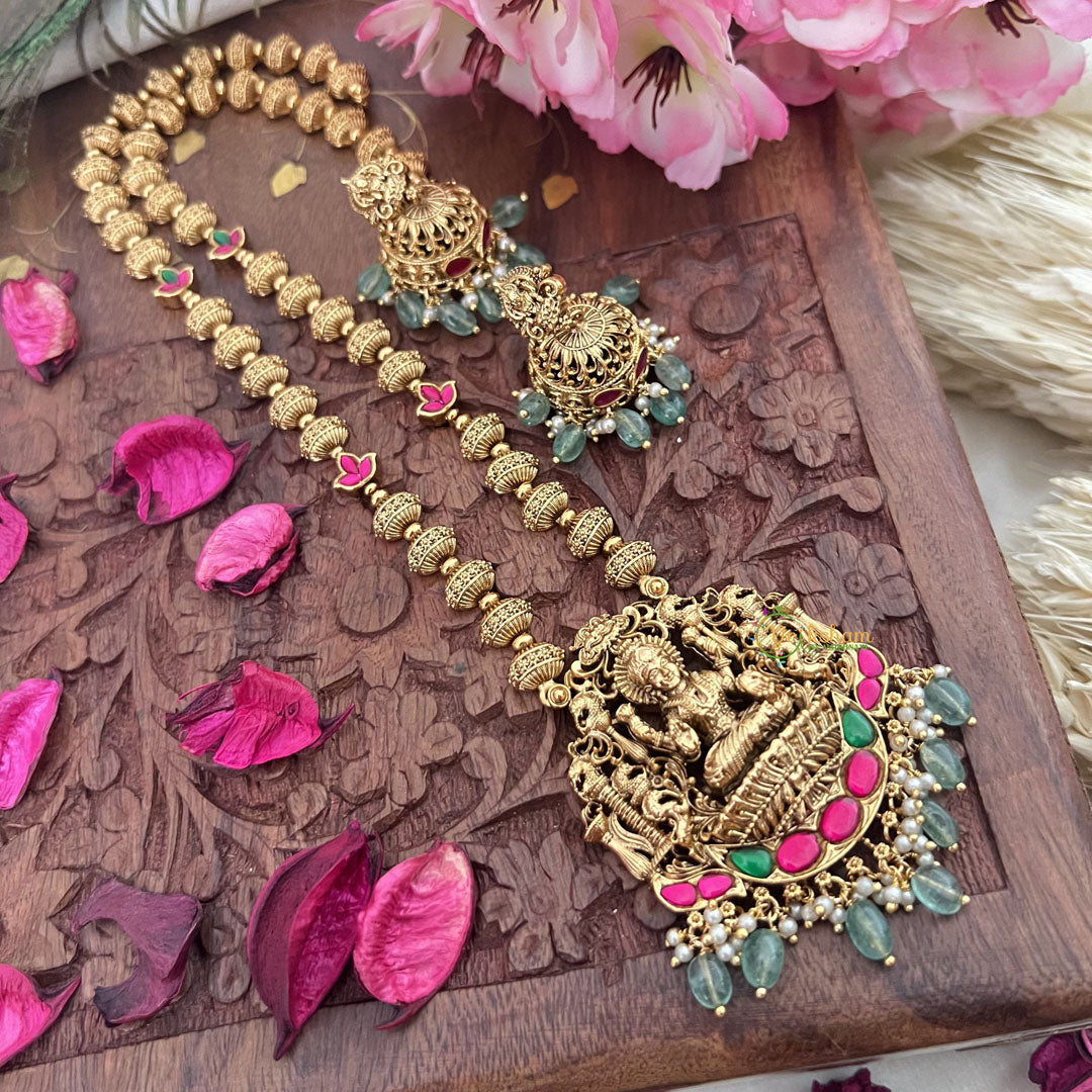 Vriksham Gold Look Alike Lakshmi Pendant Long Neckpiece-Red Green-Pastel Green Bead-G18044