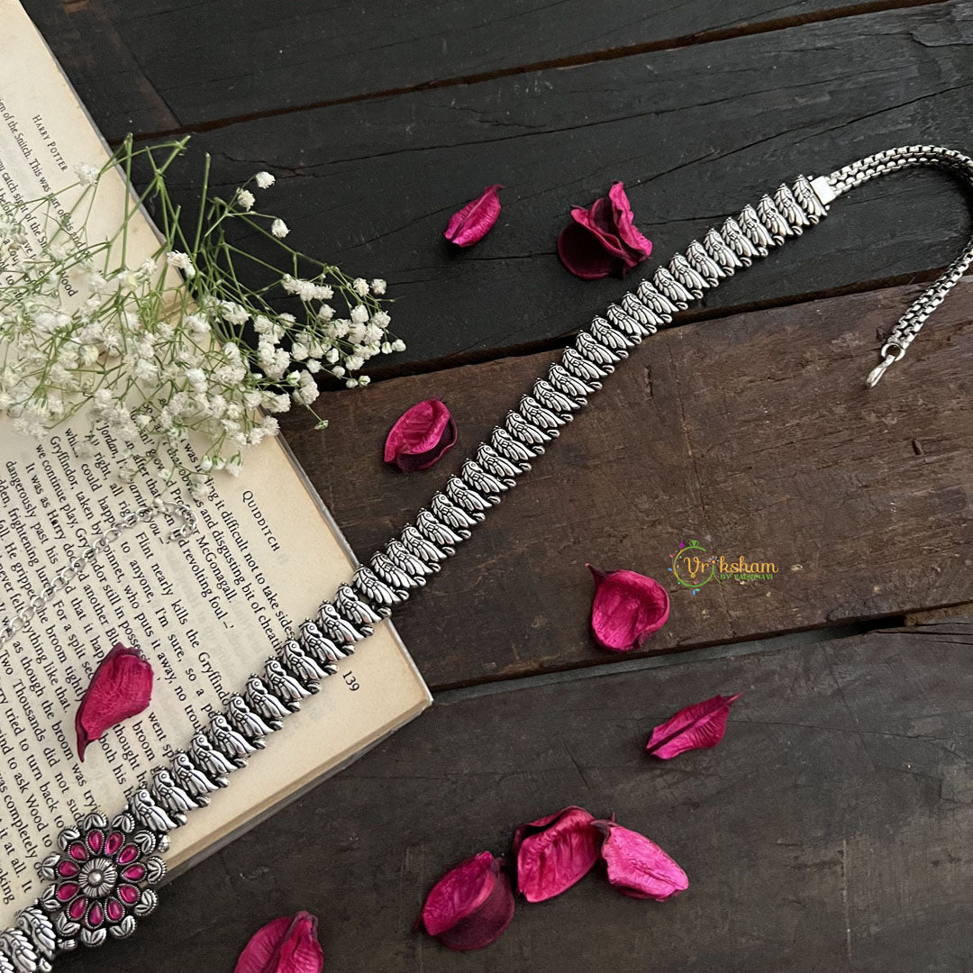 Vriksham Floral & Peacock Grace Antique Silver Oxidized Hipchain-S1042