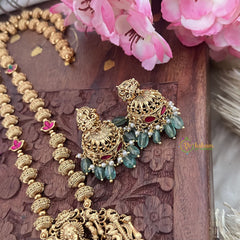 Vriksham Gold Look Alike Lakshmi Pendant Long Neckpiece-Red Green-Pastel Green Bead-G18044