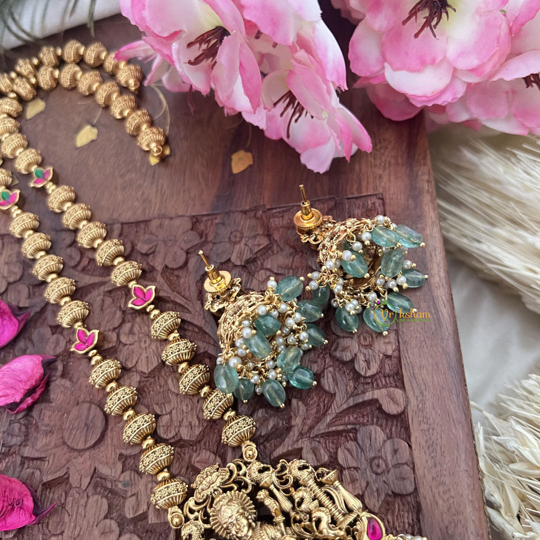 Vriksham Gold Look Alike Lakshmi Pendant Long Neckpiece-Red Green-Pastel Green Bead-G18044