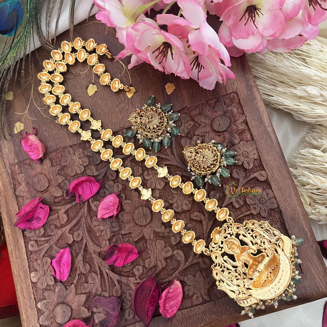 Vriksham Gold Look Alike Lakshmi Pendant Long Neckpiece-Red Green-Pastel Green Bead-G18044
