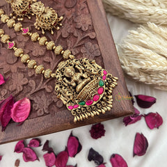 Vriksham Gold Look Alike Lakshmi Pendant Long Neckpiece-Red Green-Gold Bead-G18041