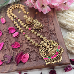 Vriksham Gold Look Alike Lakshmi Pendant Long Neckpiece-Red Green-Gold Bead-G18041