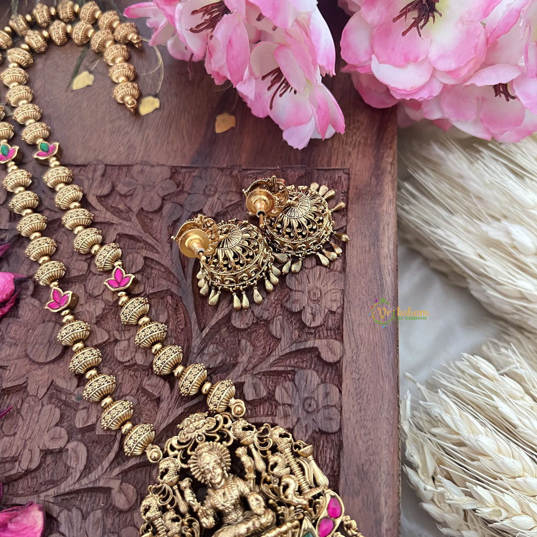 Vriksham Gold Look Alike Lakshmi Pendant Long Neckpiece-Red Green-Gold Bead-G18041