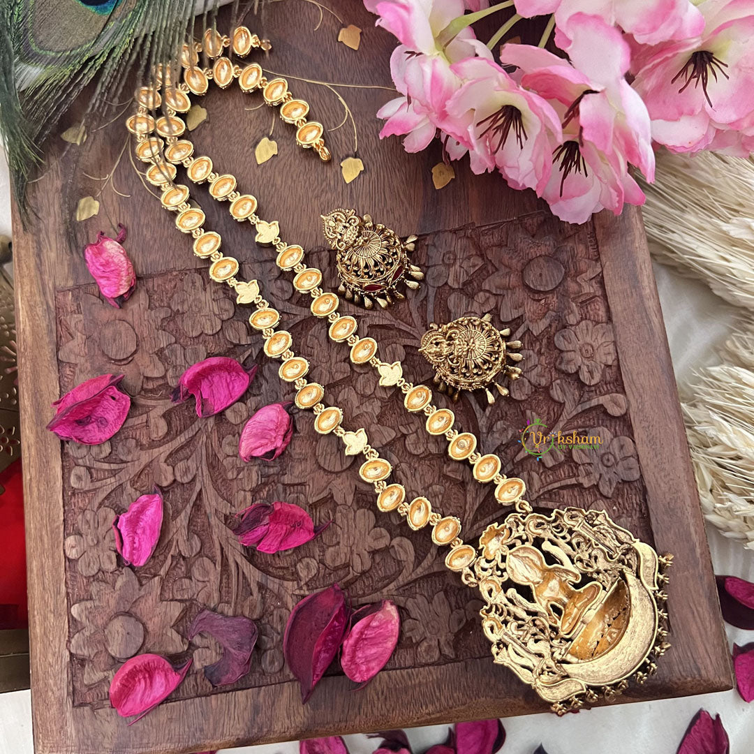 Vriksham Gold Look Alike Lakshmi Pendant Long Neckpiece-Red Green-Gold Bead-G18041
