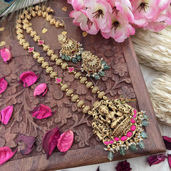 Vriksham Gold Look Alike Lakshmi Pendant Long Neckpiece-Red-Pastel Green Bead-G18043