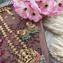 Vriksham Gold Look Alike Lakshmi Pendant Long Neckpiece-Red-Pastel Green Bead-G18043