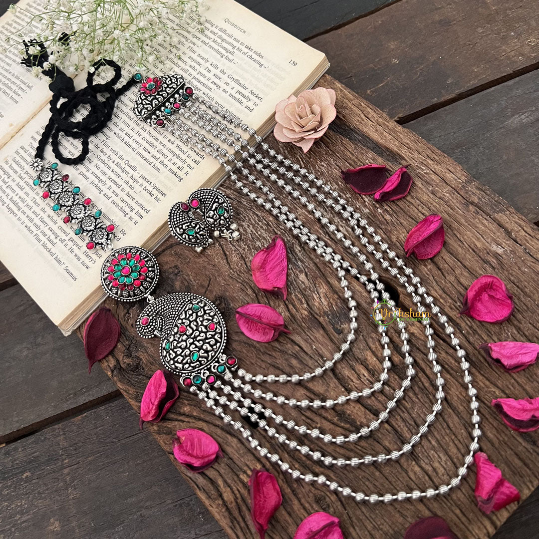 Vriksham Royal Grace Oxidized Layered Silver Oxidized Long Neckpiece-S1045
