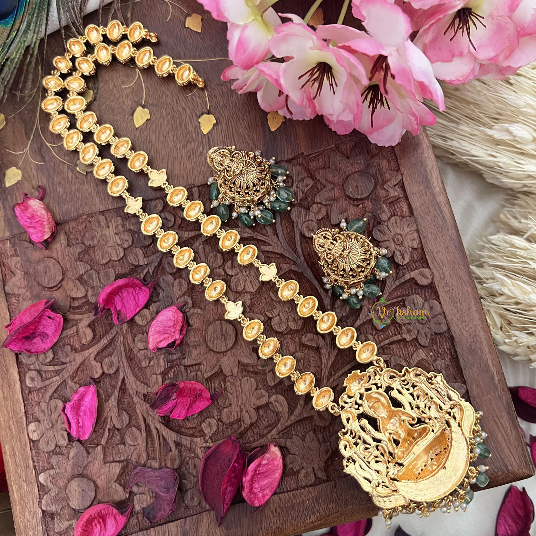 Vriksham Gold Look Alike Lakshmi Pendant Long Neckpiece-Red-Pastel Green Bead-G18043