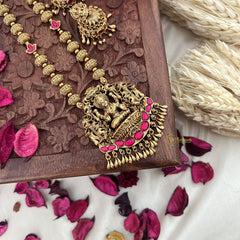 Vriksham Gold Look Alike Lakshmi Pendant Long Neckpiece-Red-Gold Bead-G18042