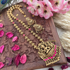 Vriksham Gold Look Alike Lakshmi Pendant Long Neckpiece-Red-Gold Bead-G18042