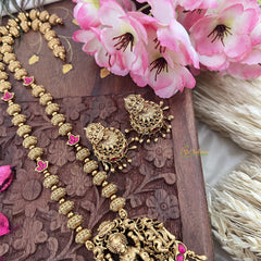Vriksham Gold Look Alike Lakshmi Pendant Long Neckpiece-Red-Gold Bead-G18042