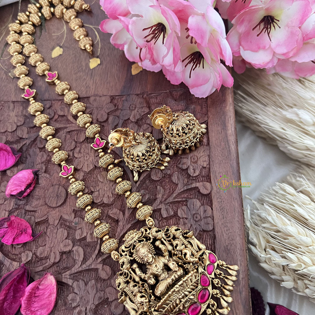 Vriksham Gold Look Alike Lakshmi Pendant Long Neckpiece-Red-Gold Bead-G18042