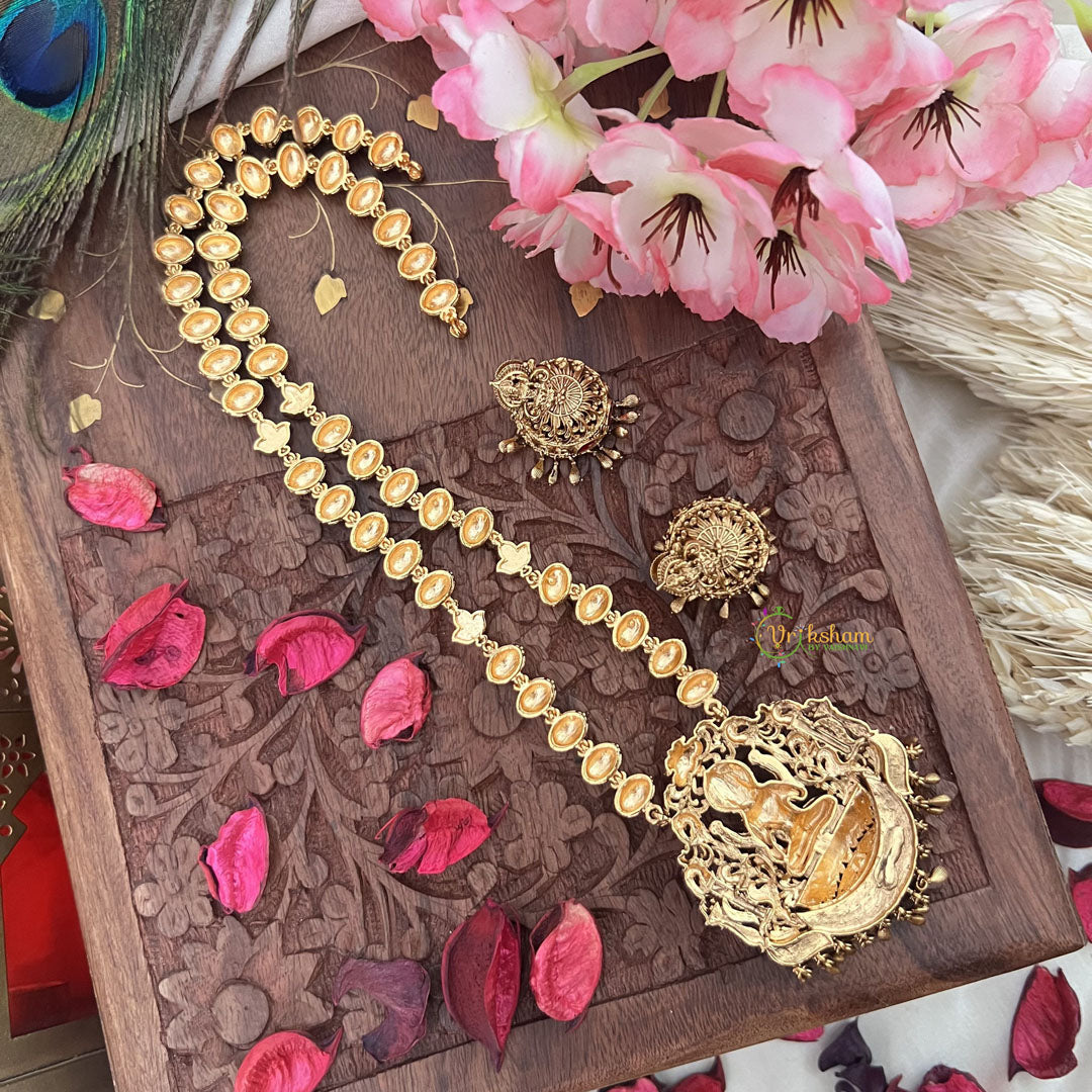 Vriksham Gold Look Alike Lakshmi Pendant Long Neckpiece-Red-Gold Bead-G18042