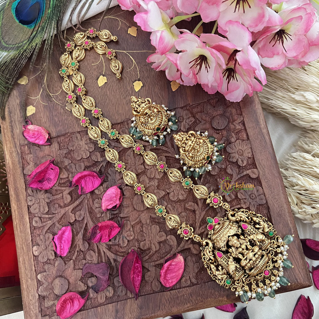Vriksham Gold Look Alike Dual Elephant Long Neckpiece-Red Green-Pastel Green Bead-G18102