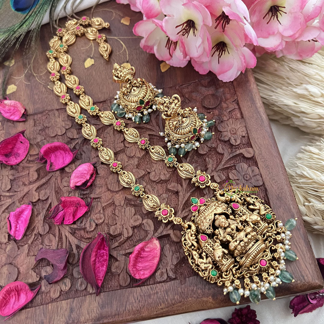 Vriksham Gold Look Alike Dual Elephant Long Neckpiece-Red Green-Pastel Green Bead-G18102