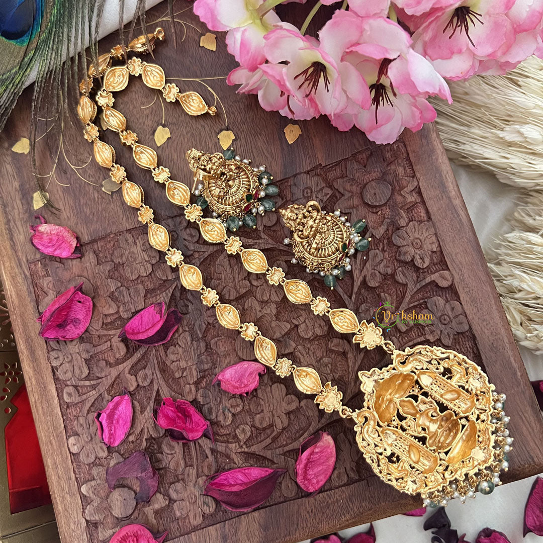 Vriksham Gold Look Alike Dual Elephant Long Neckpiece-Red Green-Pastel Green Bead-G18102