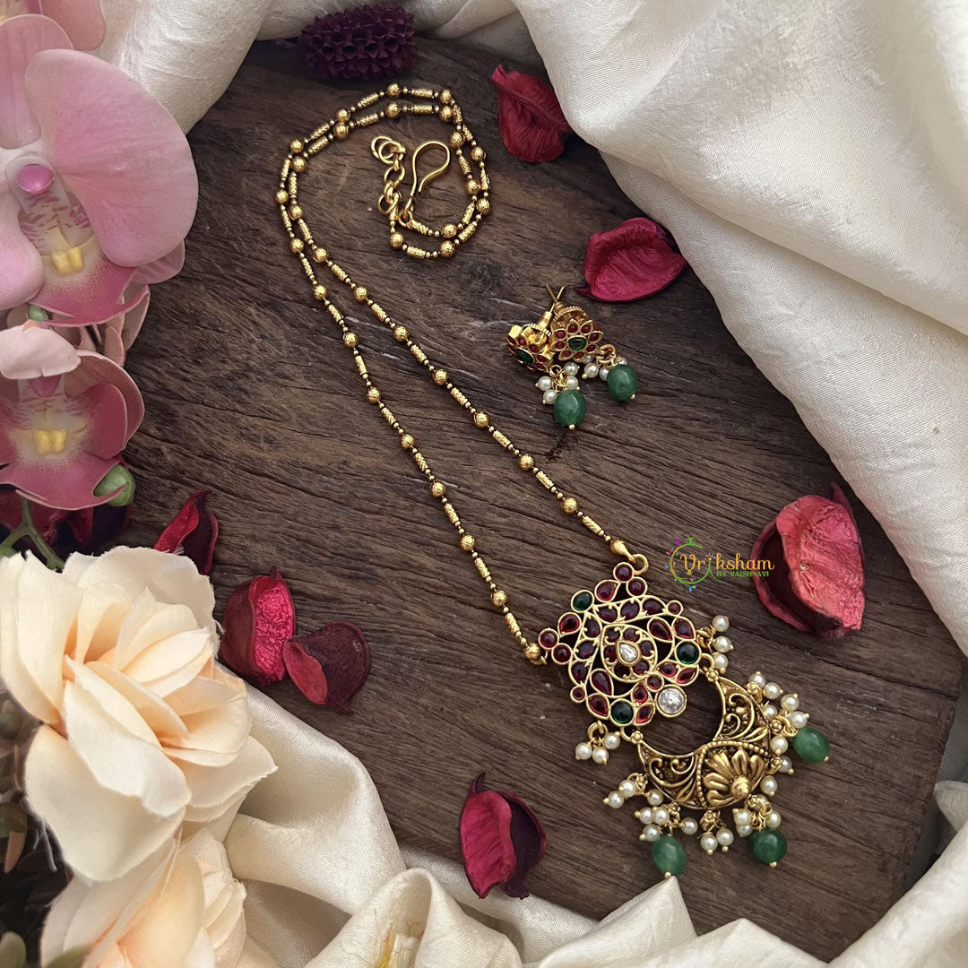 Vriksham Exclusive Red Green Stone Pendant Chain-Green Bead-G15648