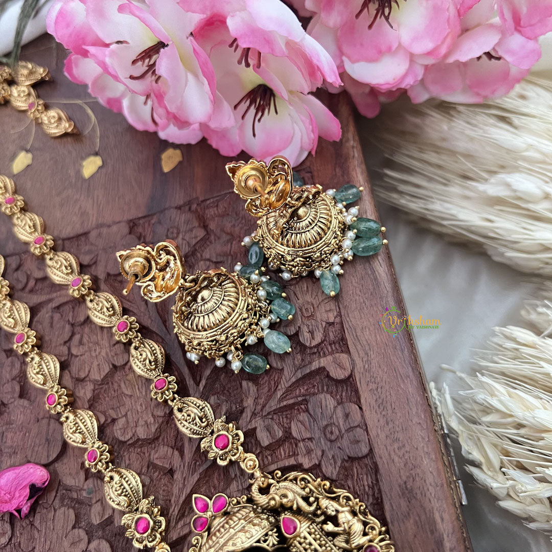 Vriksham Gold Look Alike Dual Elephant Long Neckpiece-Red-Pastel Green Bead-G18103
