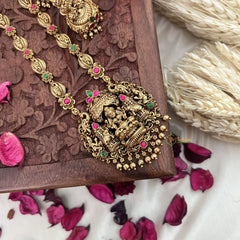 Vriksham Gold Look Alike Dual Elephant Long Neckpiece-Red Green-Gold Bead-G18104