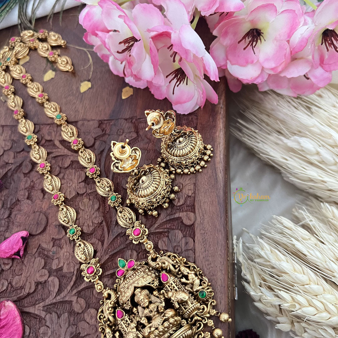 Vriksham Gold Look Alike Dual Elephant Long Neckpiece-Red Green-Gold Bead-G18104