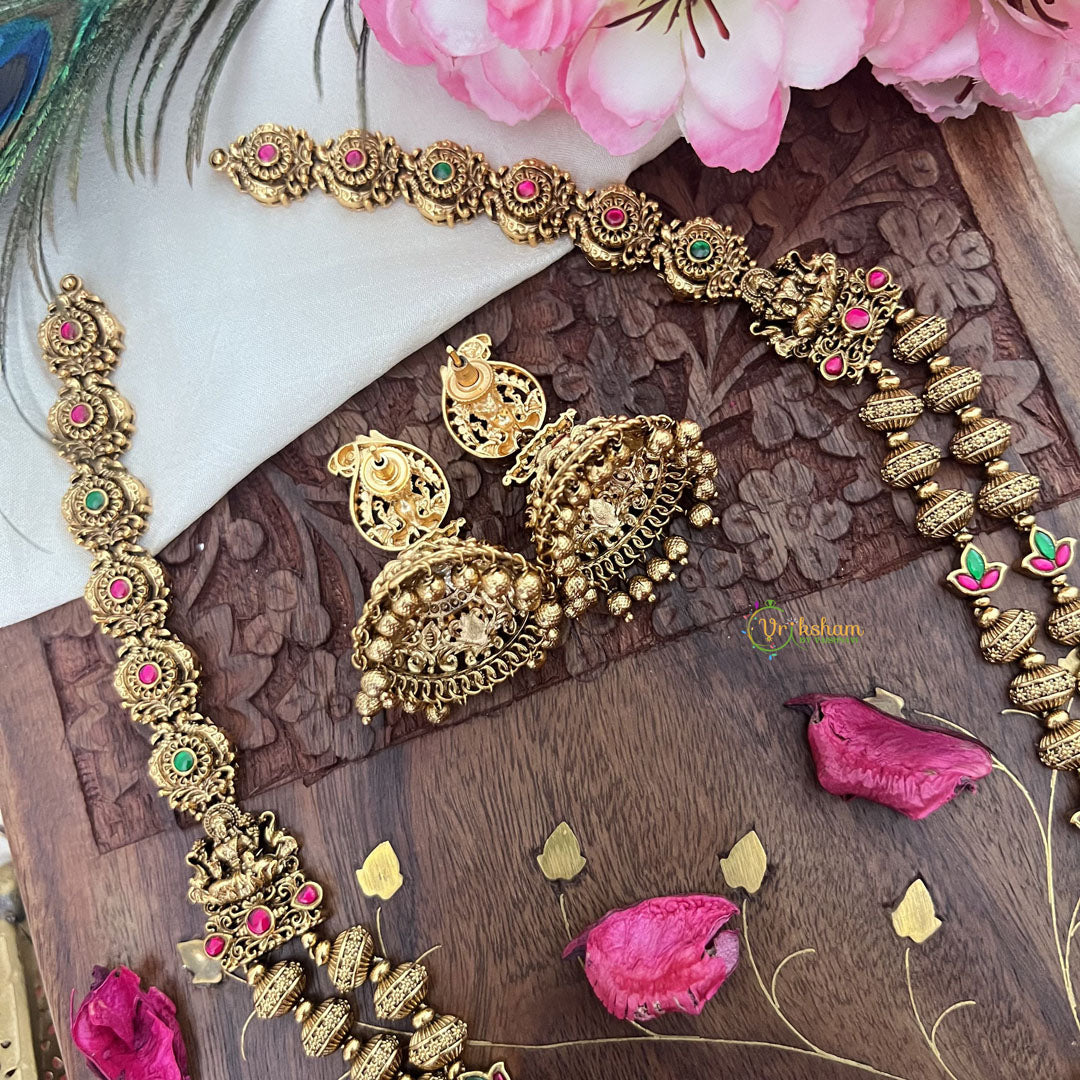 Vriksham Gold Look Alike Lakshmi 2 Layer Long Neckpiece-Red Green-Gold Coin-G18063