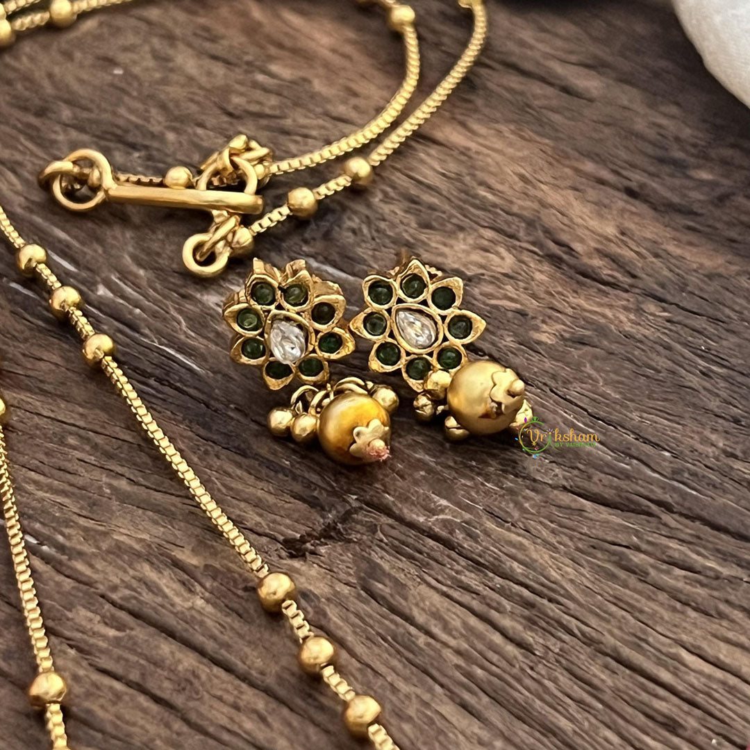 Vriksham Exclusive Green Stone Pendant Chain-Golden Pearls-G15646