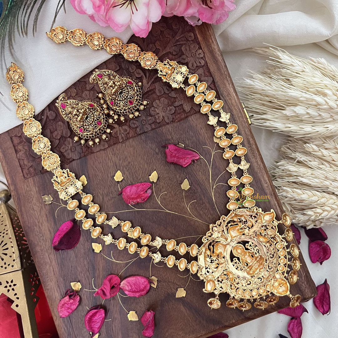 Vriksham Gold Look Alike Lakshmi 2 Layer Long Neckpiece-Red Green-Gold Coin-G18063