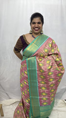 Vriksham Pitch Ikat Design With Bright Teal Border Pure Soft Silk Saree-VS4852