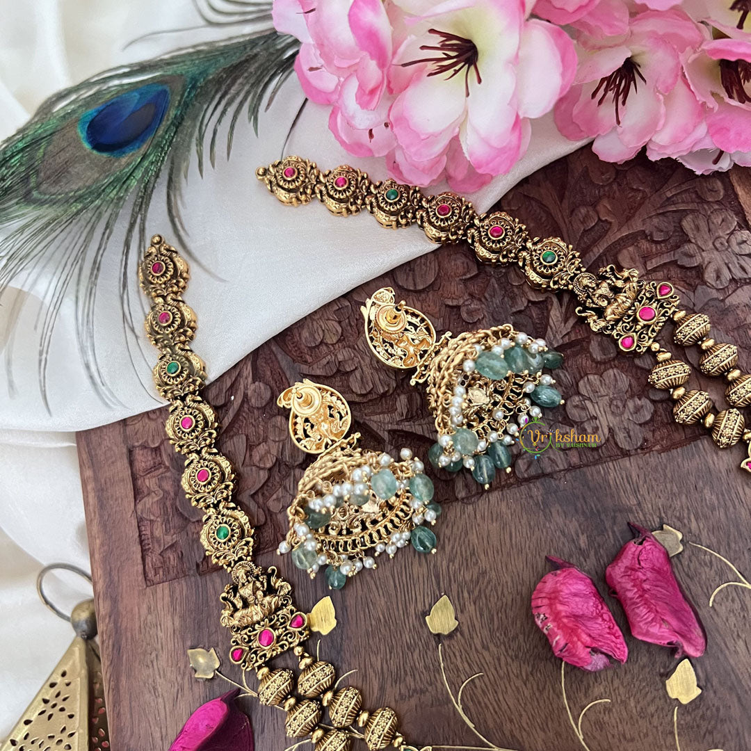Vriksham Gold Look Alike Lakshmi 2 Layer Long Neckpiece-Red Green-Pastel Green Bead-G18064
