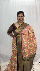 Vriksham Elegant Dual-Tone Baby Pink Ikat Design With Rich Black Zari Border Pure Soft Silk Saree-VS4837