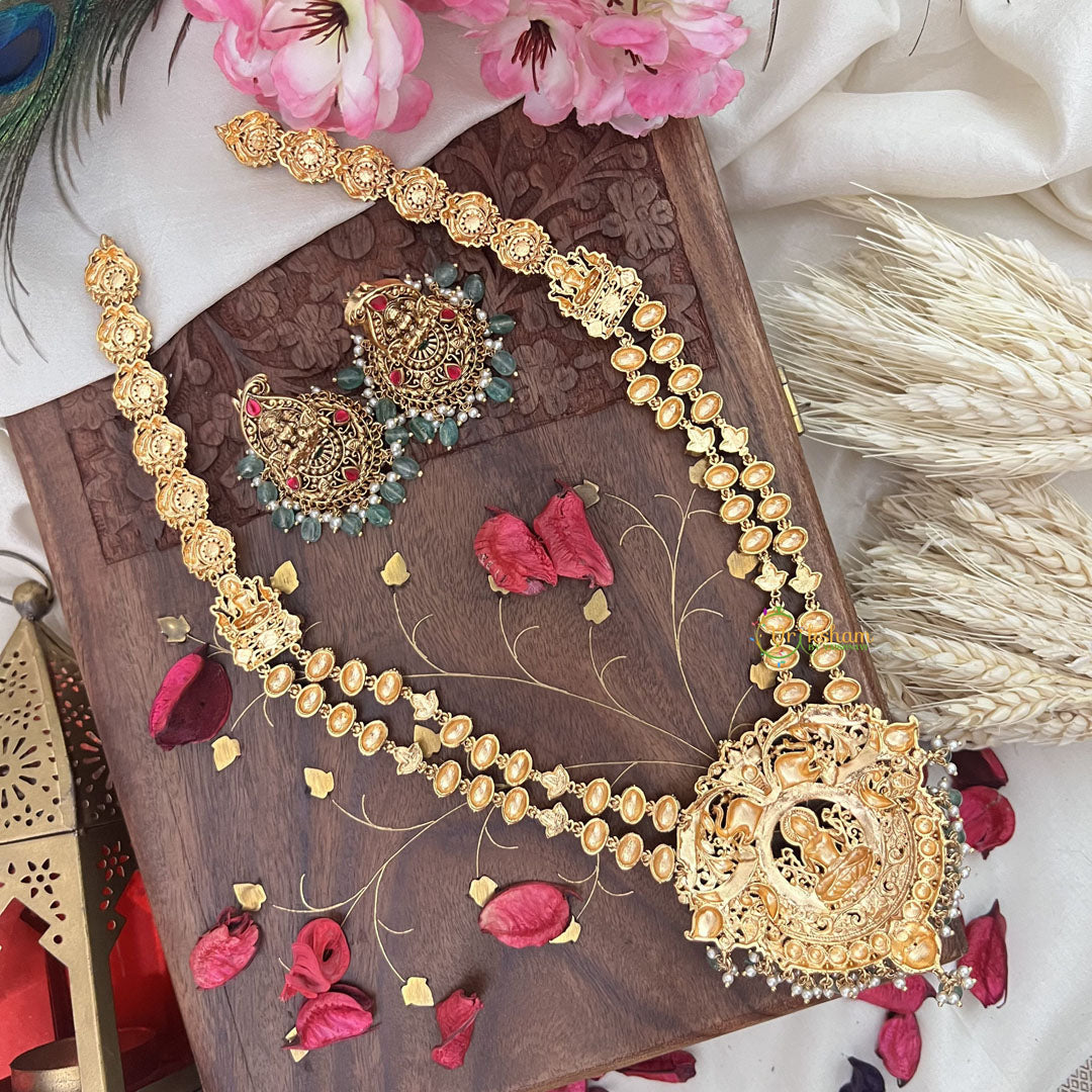 Vriksham Gold Look Alike Lakshmi 2 Layer Long Neckpiece-Red Green-Pastel Green Bead-G18064