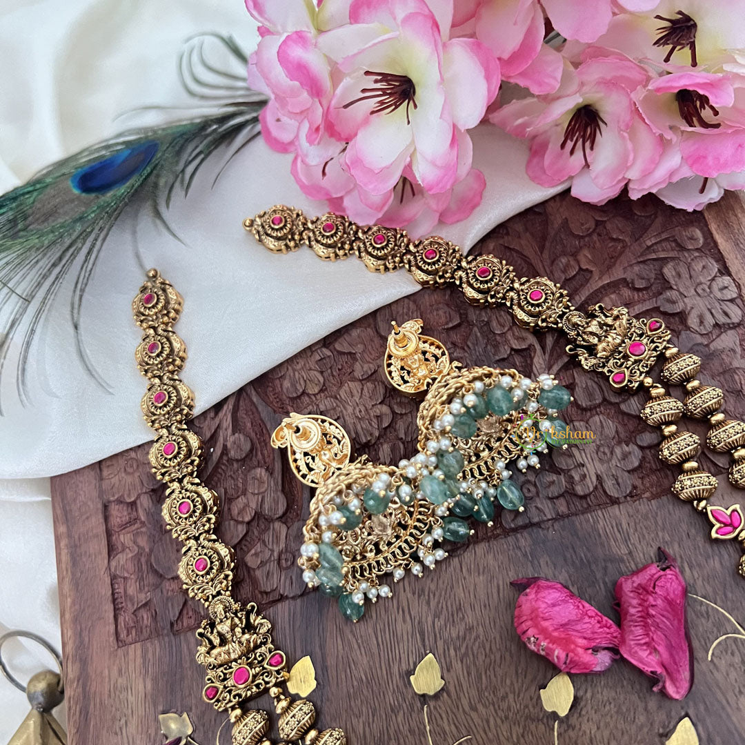Vriksham Gold Look Alike Lakshmi 2 Layer Long Neckpiece-Red-Pastel Green Bead-G18065