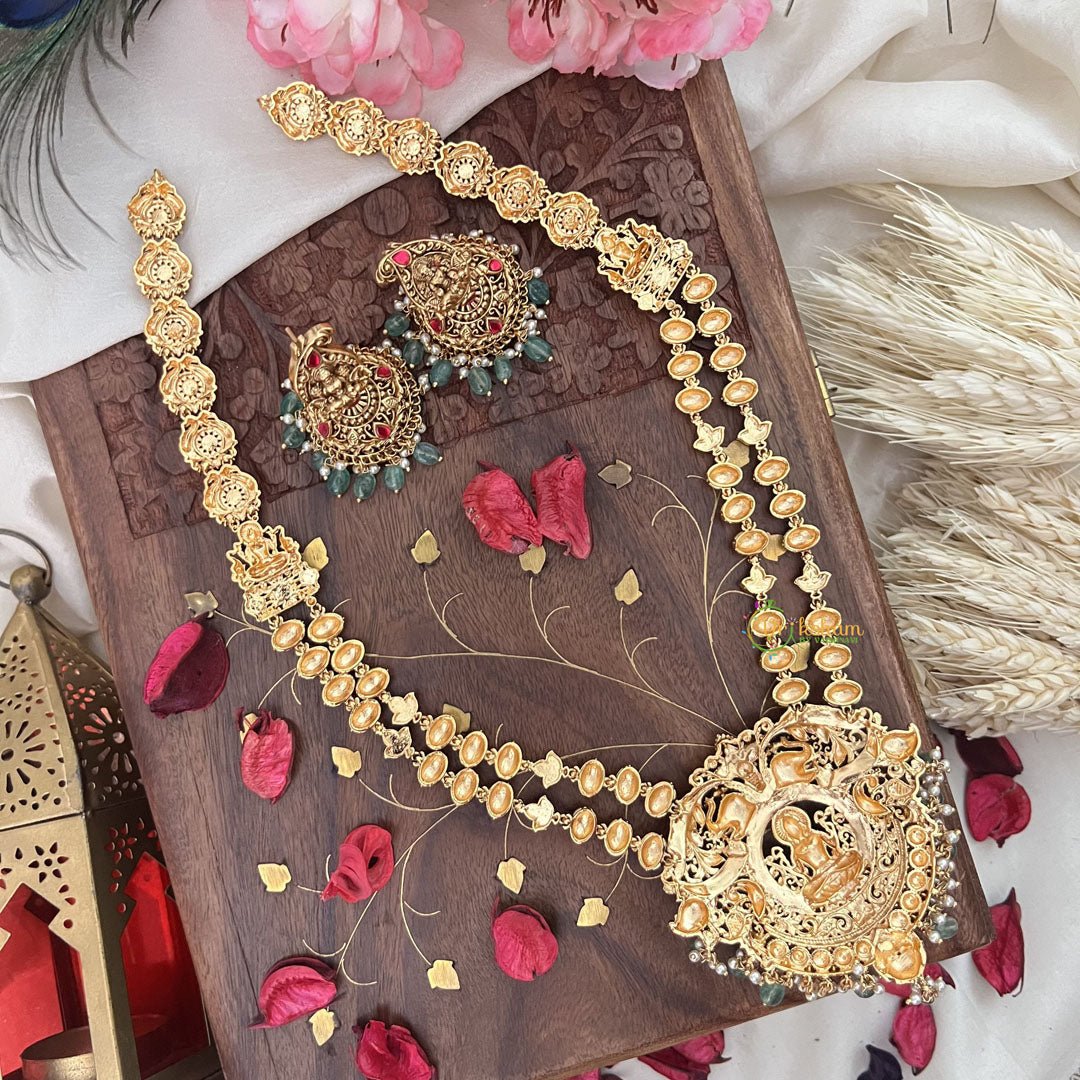 Vriksham Gold Look Alike Lakshmi 2 Layer Long Neckpiece-Red-Pastel Green Bead-G18065
