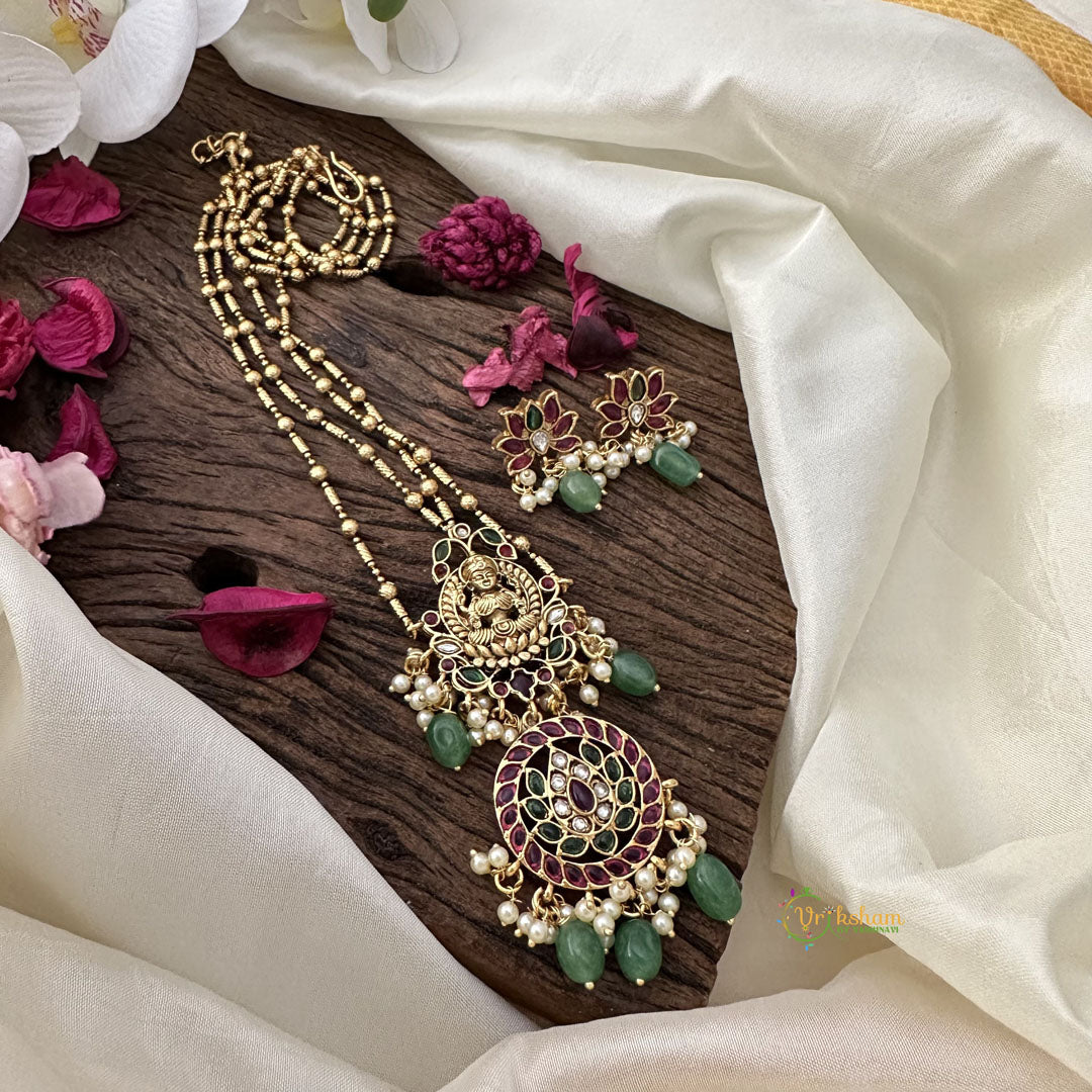 Vriksham 2 Layer Lakshmi Pendant Chain-Green Bead-Red Green-G15735