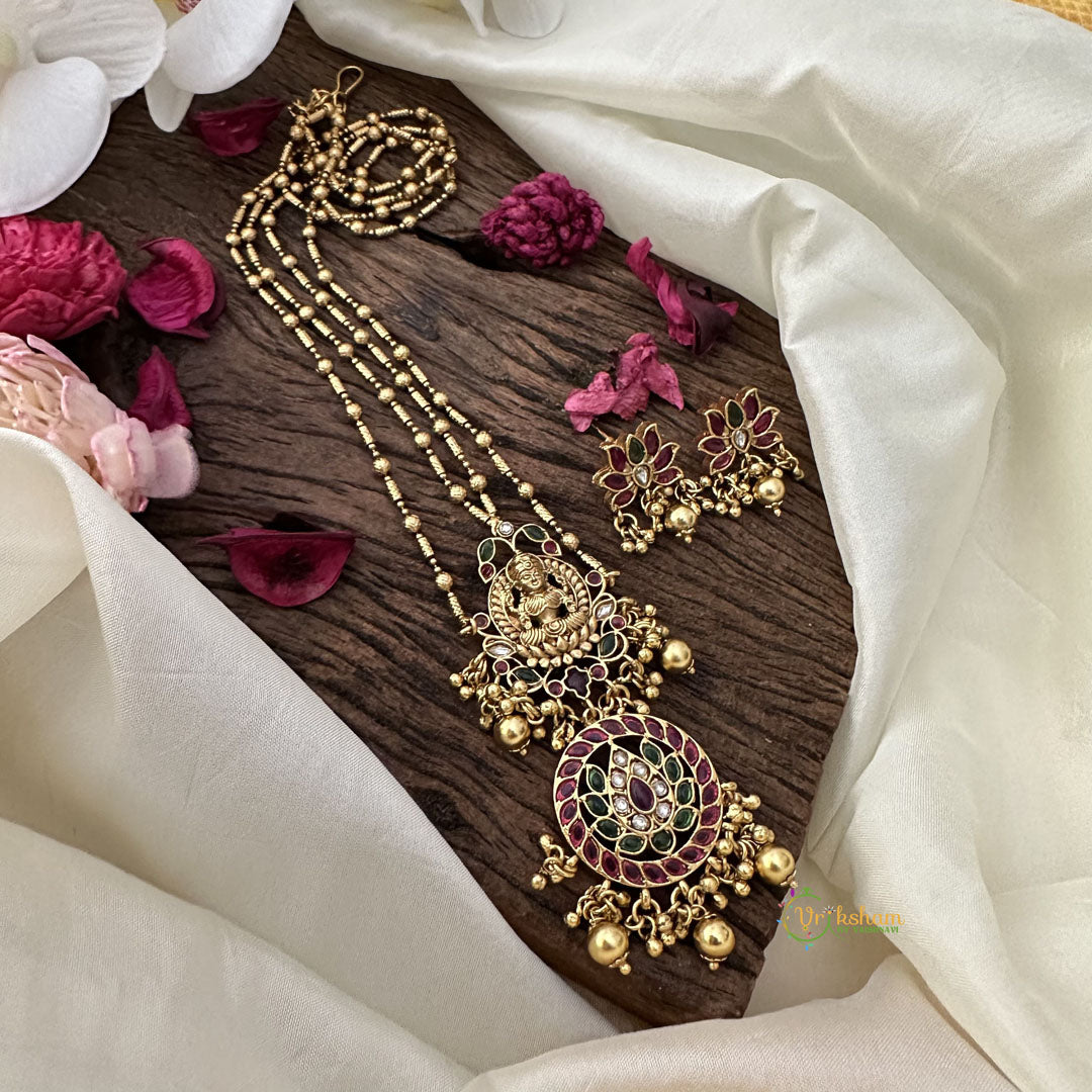 Vriksham 2 Layer Lakshmi Pendant Chain-Golden Bead-Red Green-G15730