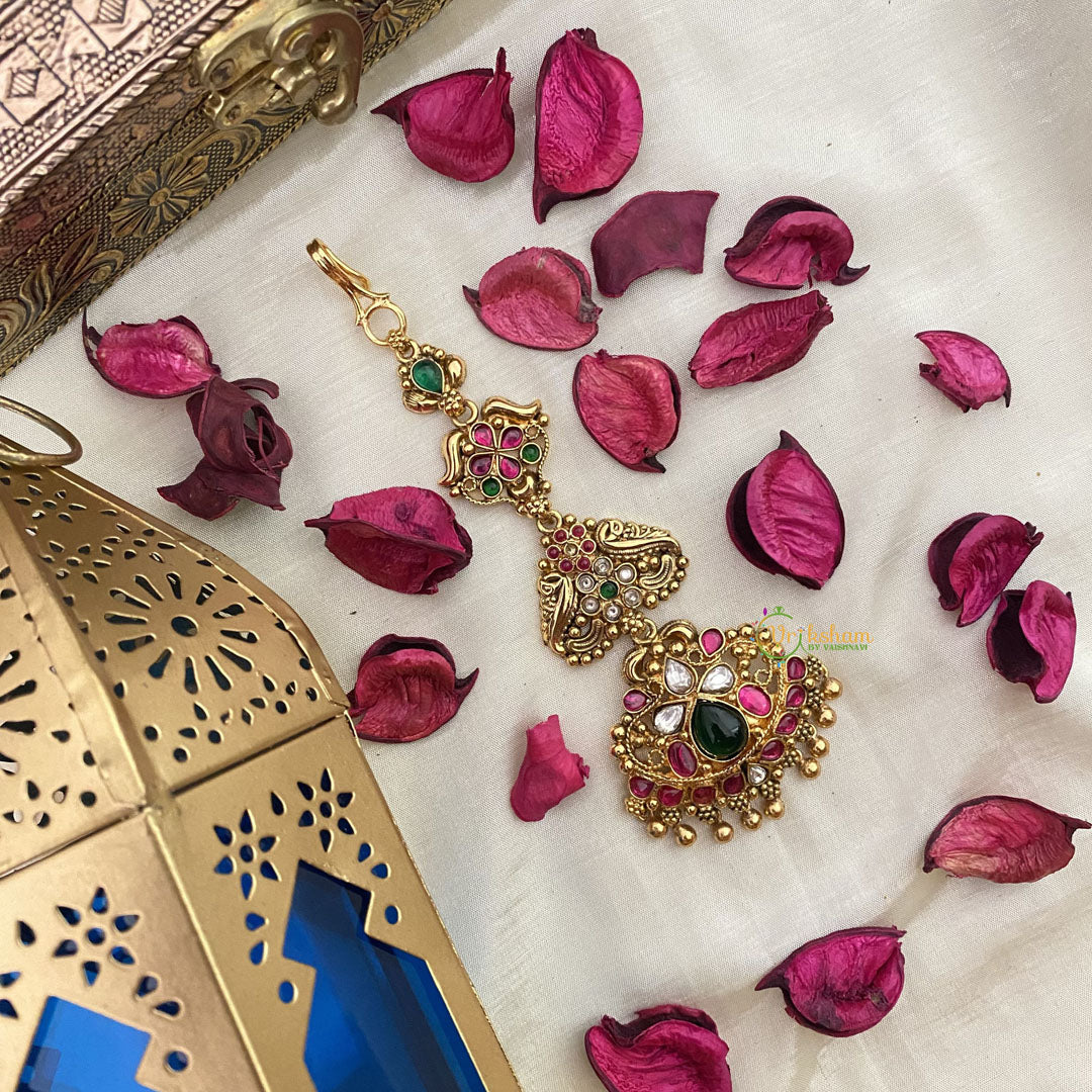 Vriksham Designer 1 gm Gold Maang Tikka-Red Green & White-G17090