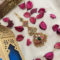 Vriksham Designer 1 gm Gold Maang Tikka-Red Green & White-G17090