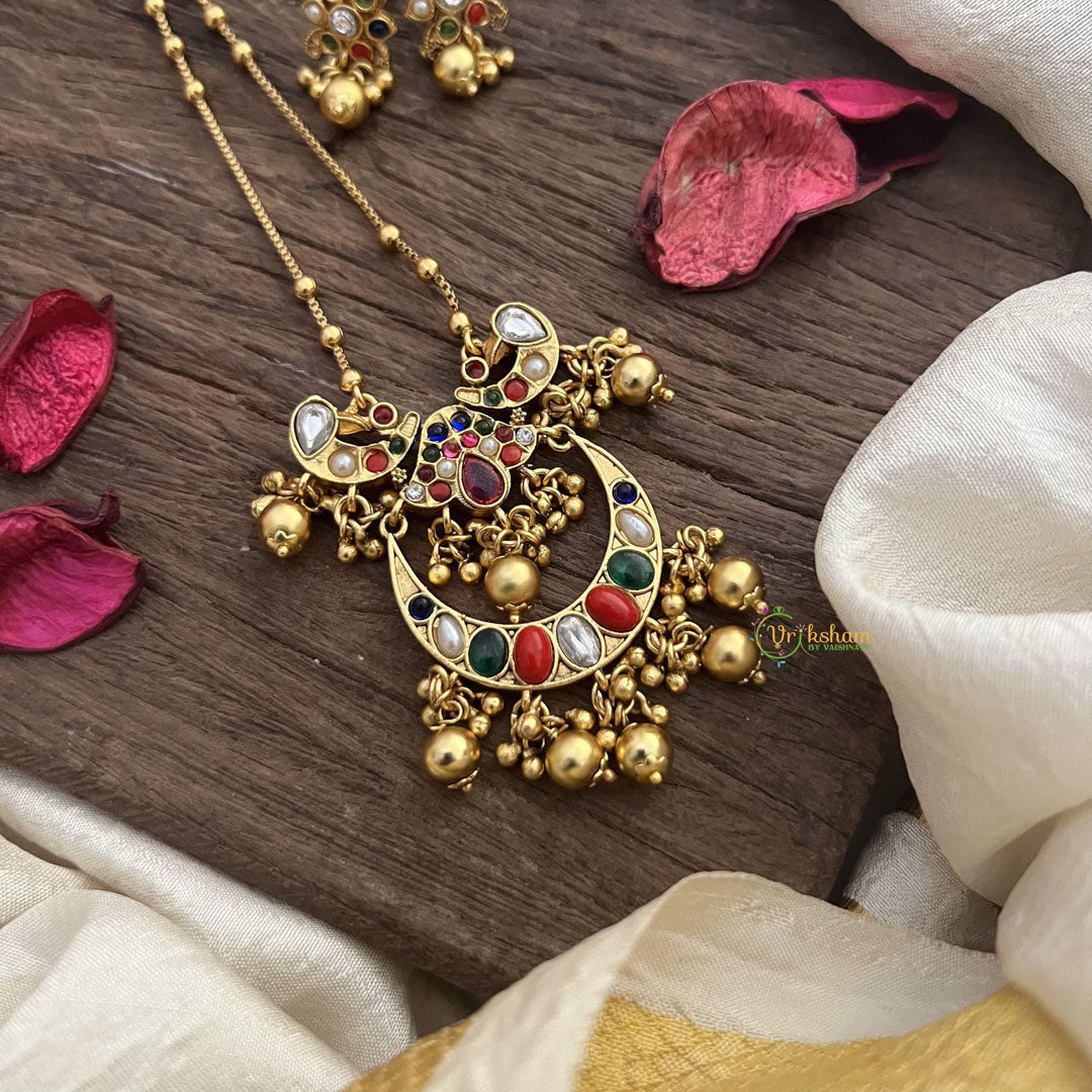 Vriksham Half Moon Navrathna Pendant Chain-Golden Bead-G15666